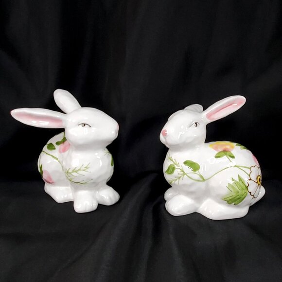 Ceramic Bunny Rabbit Figurines Spring Floral Design Decor Set Of 2 - Picture 1 of 10
